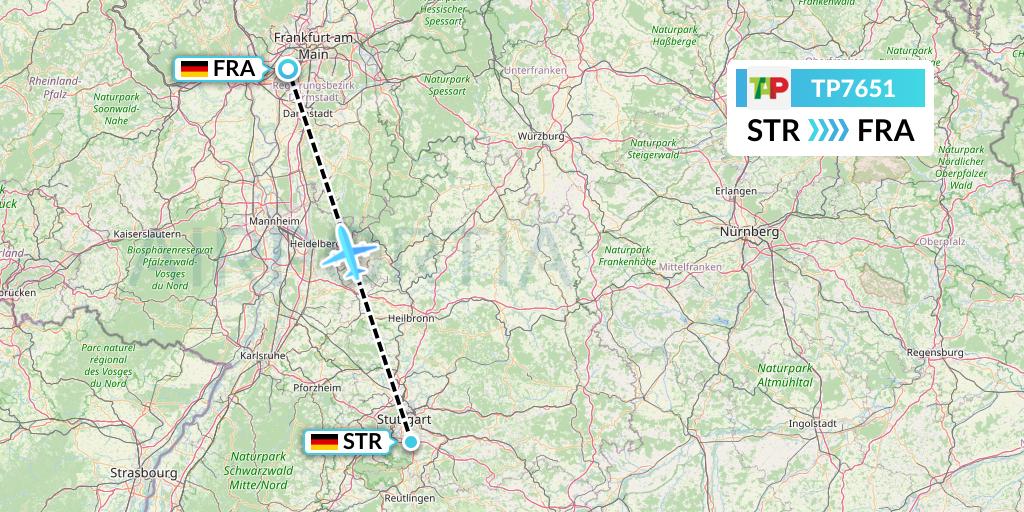 TP7651 TAP Portugal Flight Map: Stuttgart to Frankfurt