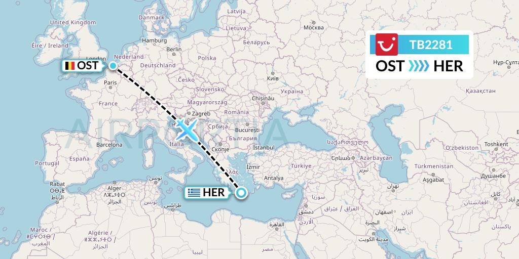 TB2281 TUI fly Belgium Flight Map: Ostend to Heraklion