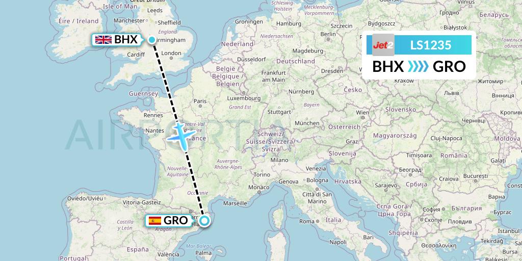 LS1235 Jet2 Flight Map: Birmingham to Girona