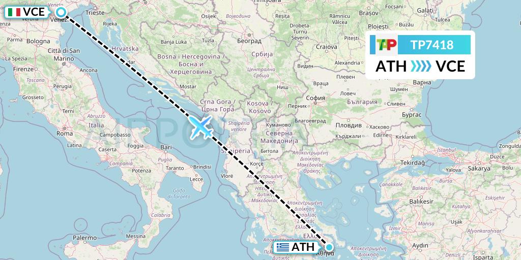 TP7418 TAP Portugal Flight Map: Athens to Venice