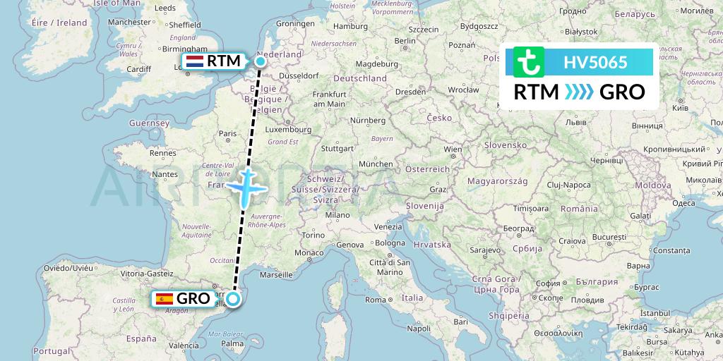 HV5065 Transavia Flight Map: Rotterdam to Girona