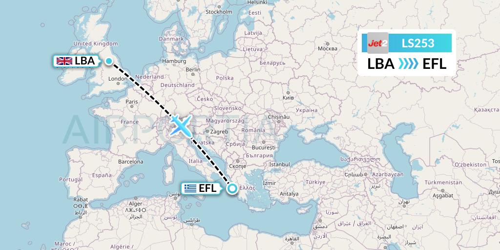 LS253 Jet2 Flight Map: Leeds to Kefalonia
