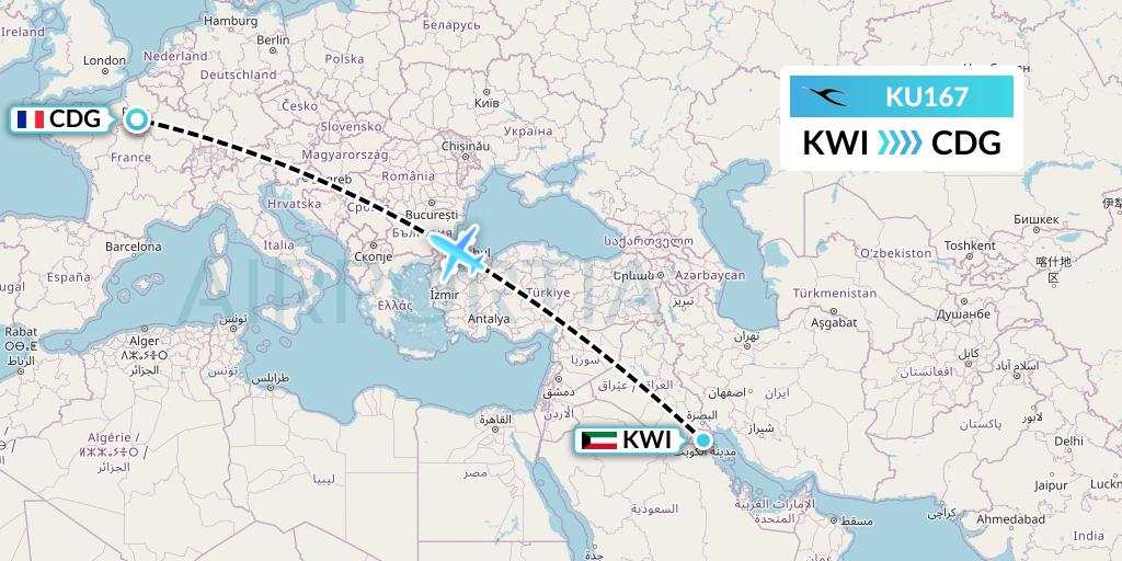 KU167 Kuwait Airways Flight Map: Kuwait City to Paris