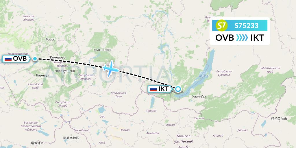 S75233 S7 Airlines Flight Map: Novosibirsk to Irkutsk
