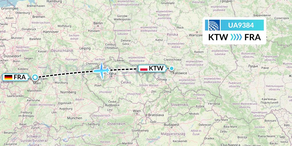 UA9384 United Airlines Flight Map: Katowice to Frankfurt