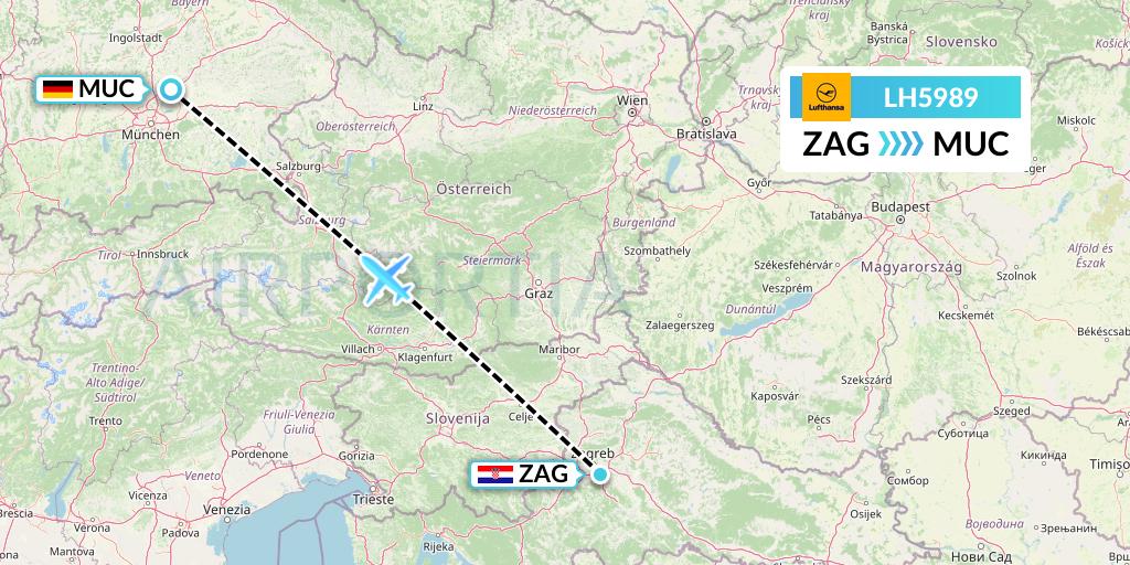 LH5989 Lufthansa Flight Map: Zagreb to Munich
