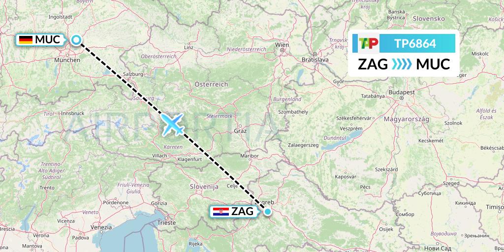 TP6864 TAP Portugal Flight Map: Zagreb to Munich