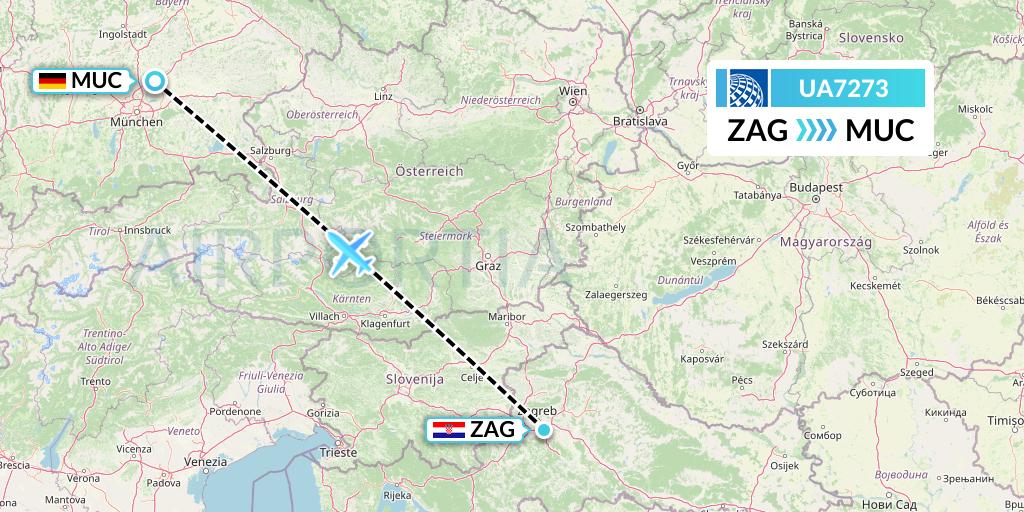 UA7273 United Airlines Flight Map: Zagreb to Munich