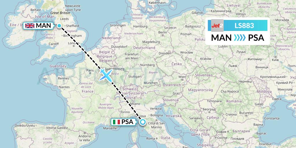 LS883 Jet2 Flight Map: Manchester to Pisa