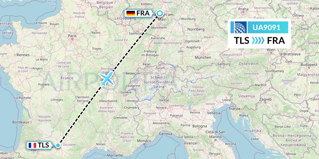 UA9091 United Airlines Flight Map: Toulouse to Frankfurt