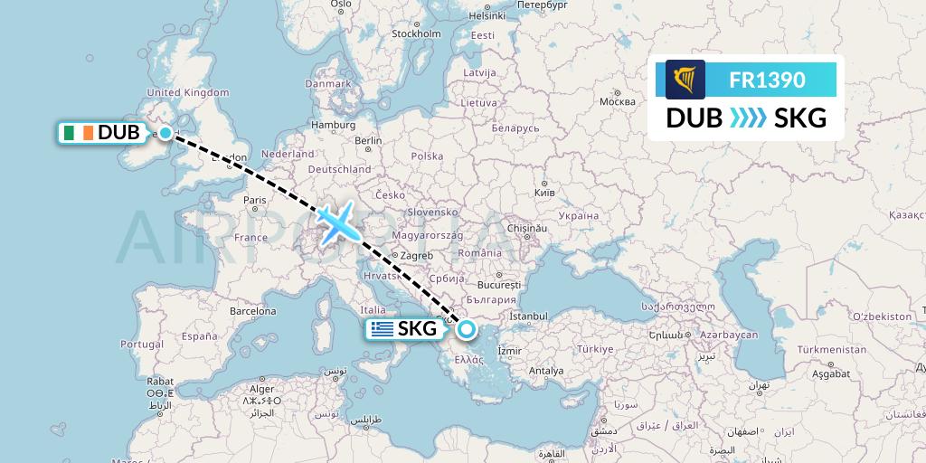 FR1390 Ryanair Flight Map: Dublin to Thessaloniki