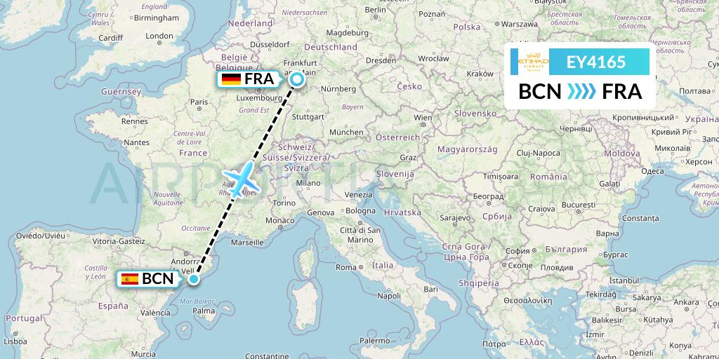 EY4165 Etihad Airways Flight Map: Barcelona to Frankfurt
