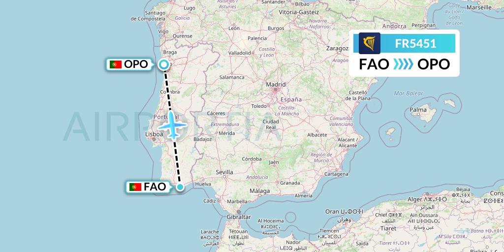 FR5451 Ryanair Flight Map: Faro to Porto