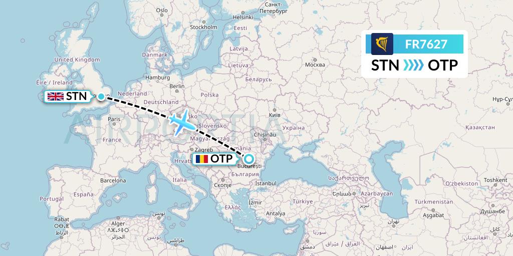 FR7627 Ryanair Flight Map: London to Bucharest