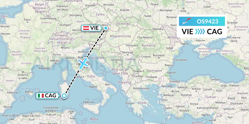 OS9423 Austrian Airlines Flight Map: Vienna to Cagliari