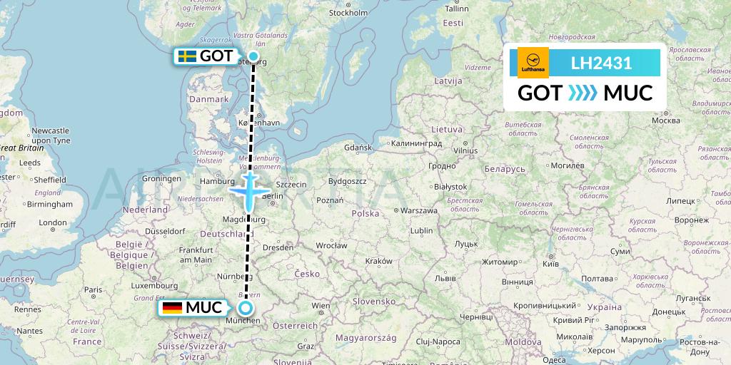 LH2431 Lufthansa Flight Map: Gothenburg to Munich