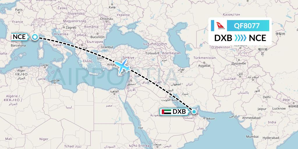 QF8077 Qantas Flight Map: Dubai to Nice