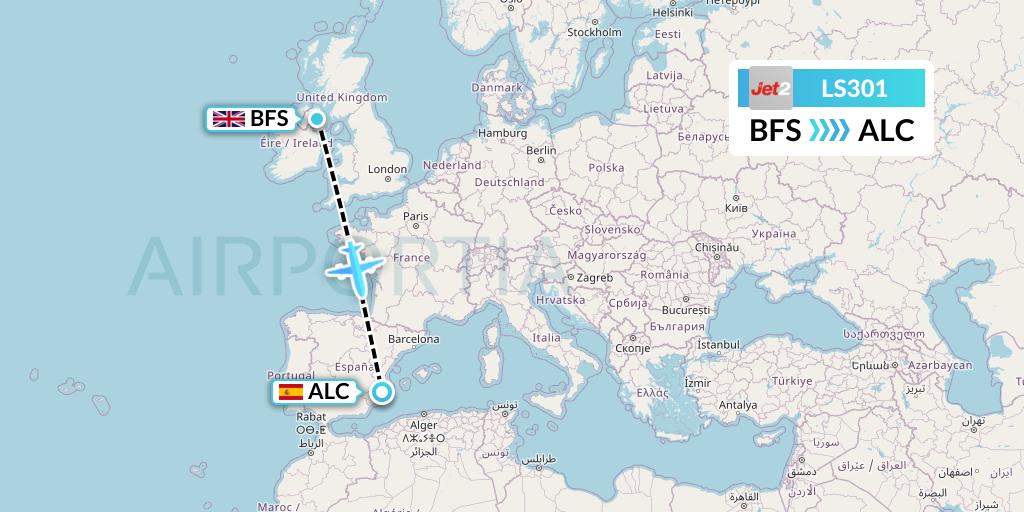 LS301 Jet2 Flight Map: Belfast to Alicante