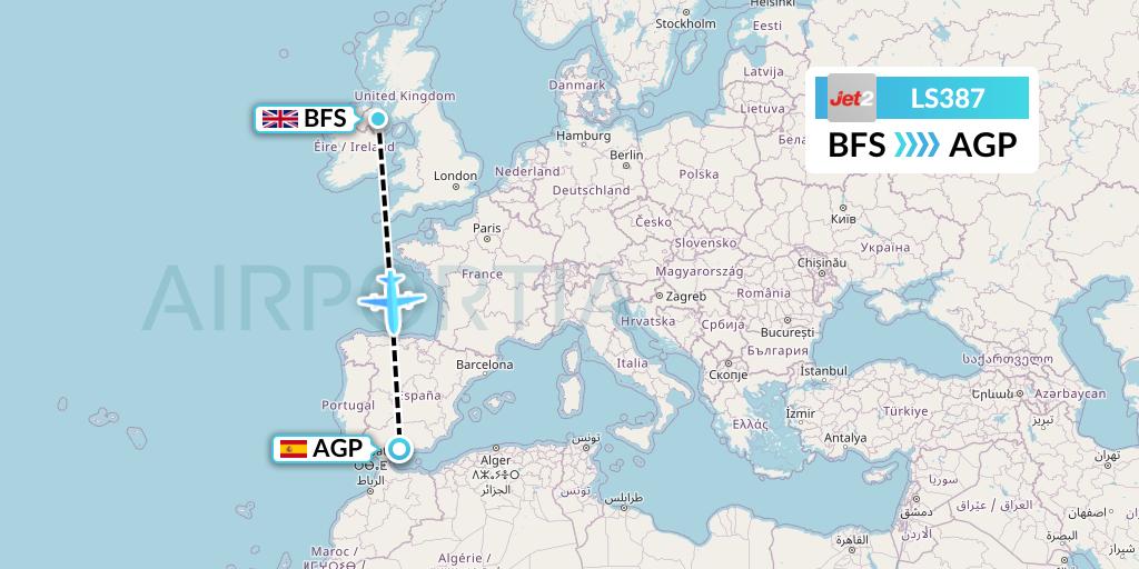 LS387 Jet2 Flight Map: Belfast to Malaga
