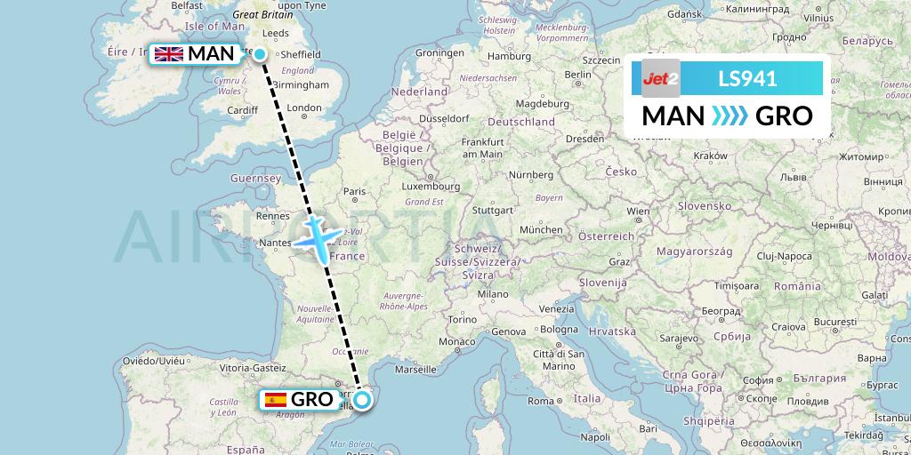 LS941 Jet2 Flight Map: Manchester to Girona