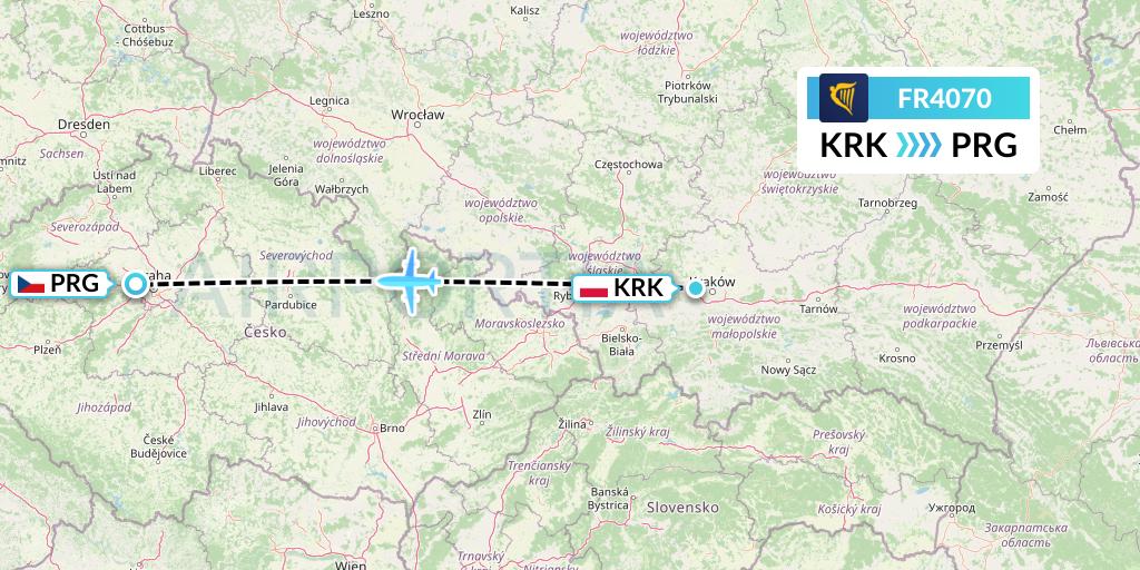 FR4070 Ryanair Flight Map: Krakow to Prague