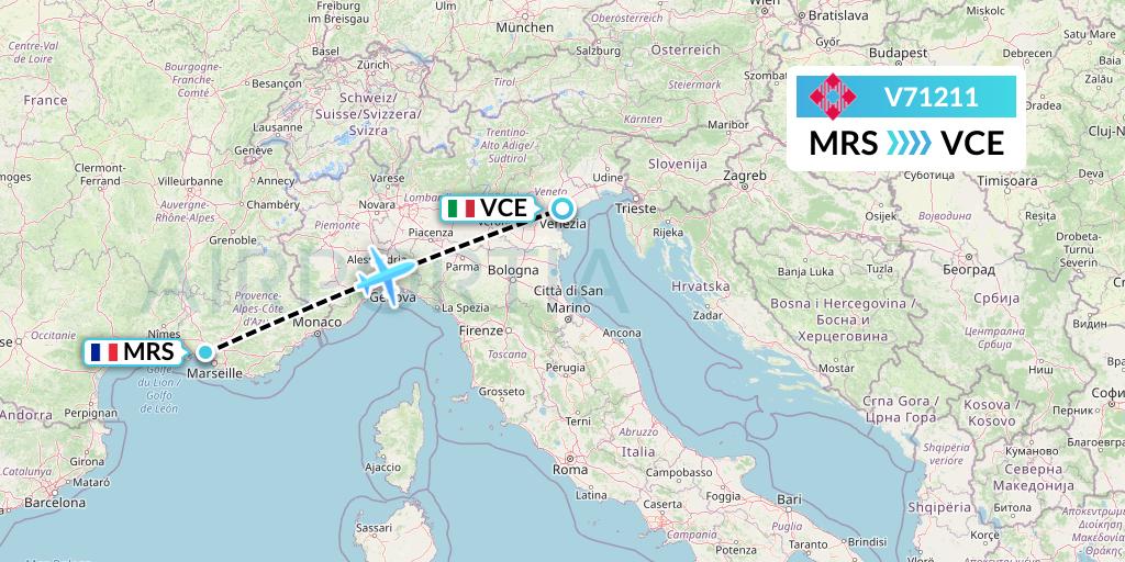 V71211 Volotea Flight Map: Marseille to Venice