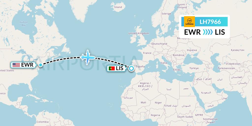 LH7966 Lufthansa Flight Map: New York to Lisbon