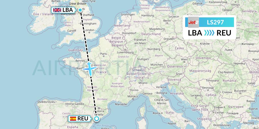 LS297 Jet2 Flight Map: Leeds to Reus
