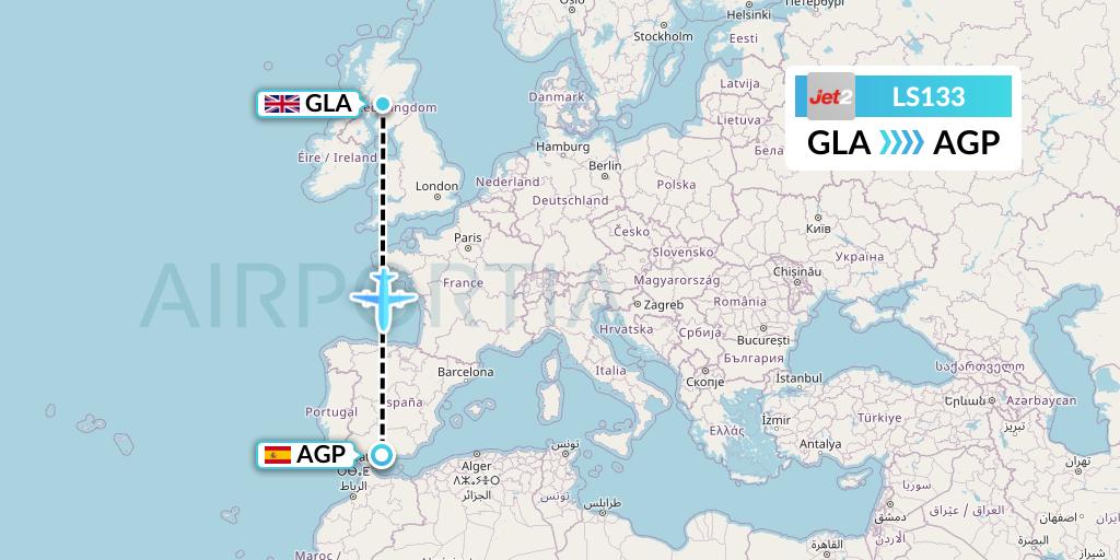 LS133 Jet2 Flight Map: Glasgow to Malaga