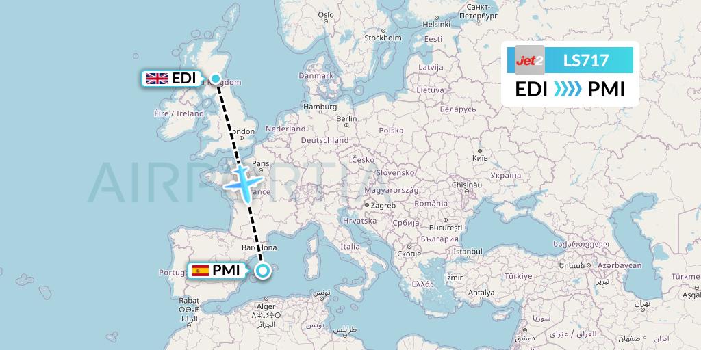 LS717 Jet2 Flight Map: Edinburgh to Palma de Mallorca