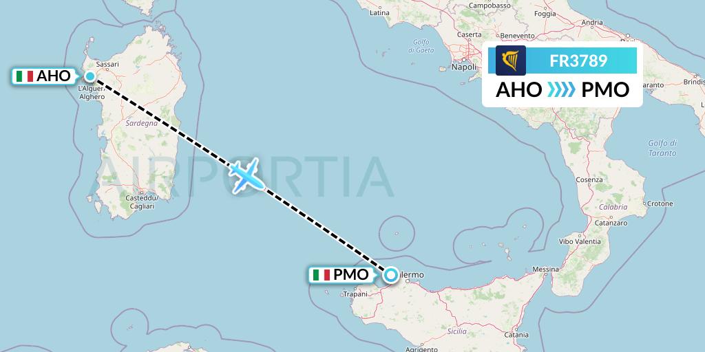 FR3789 Ryanair Flight Map: Alghero to Palermo