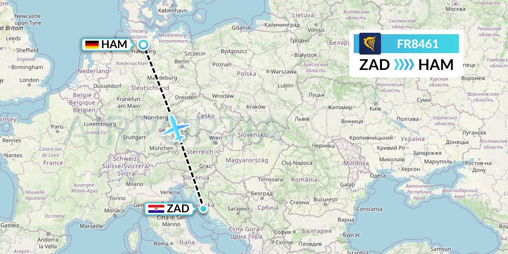 FR8461 Ryanair Flight Map: Zadar to Hamburg