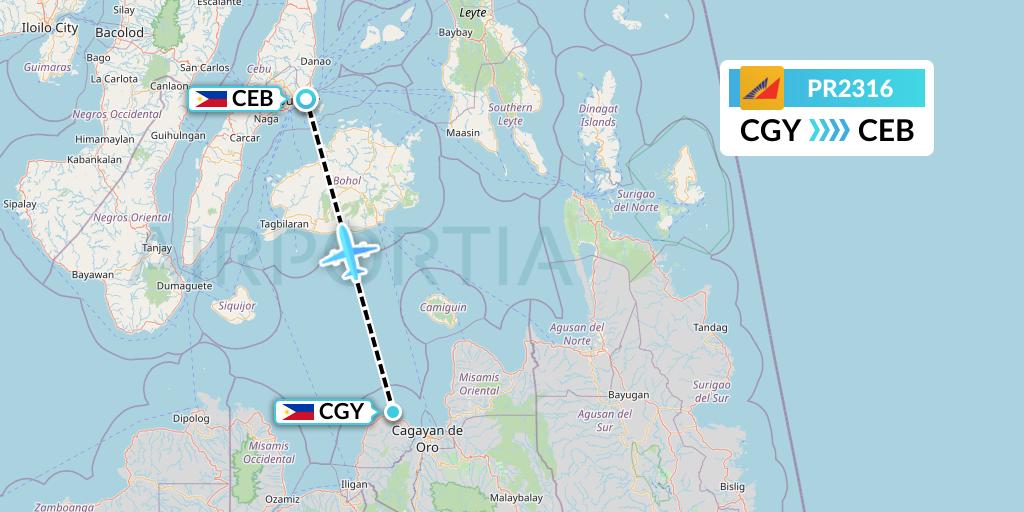 PR2316 Philippine Airlines Flight Map: Cagayan de Oro to Cebu