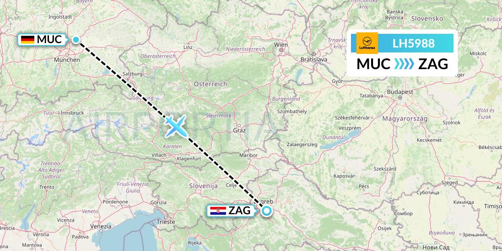 LH5988 Lufthansa Flight Map: Munich to Zagreb