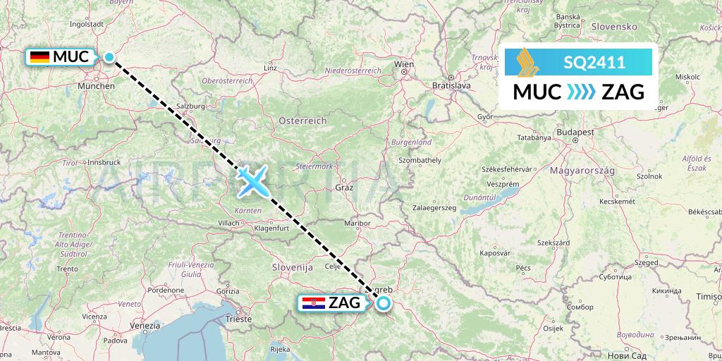 SQ2411 Singapore Airlines Flight Map: Munich to Zagreb