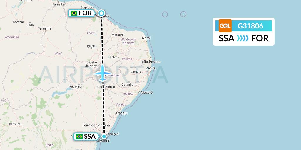 G31806 GOL Transportes Aeros Flight Map: Salvador to Fortaleza