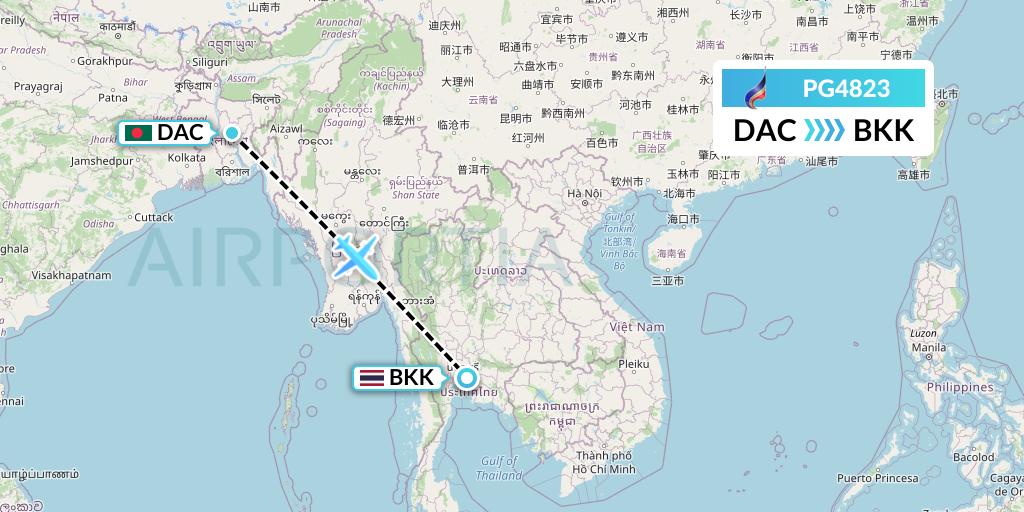 PG4823 Bangkok Airways Flight Map: Dhaka to Bangkok