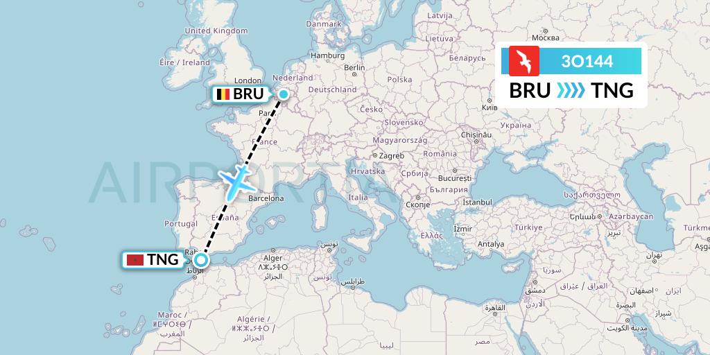 3O144 Air Arabia Maroc Flight Map: Brussels to Tangier