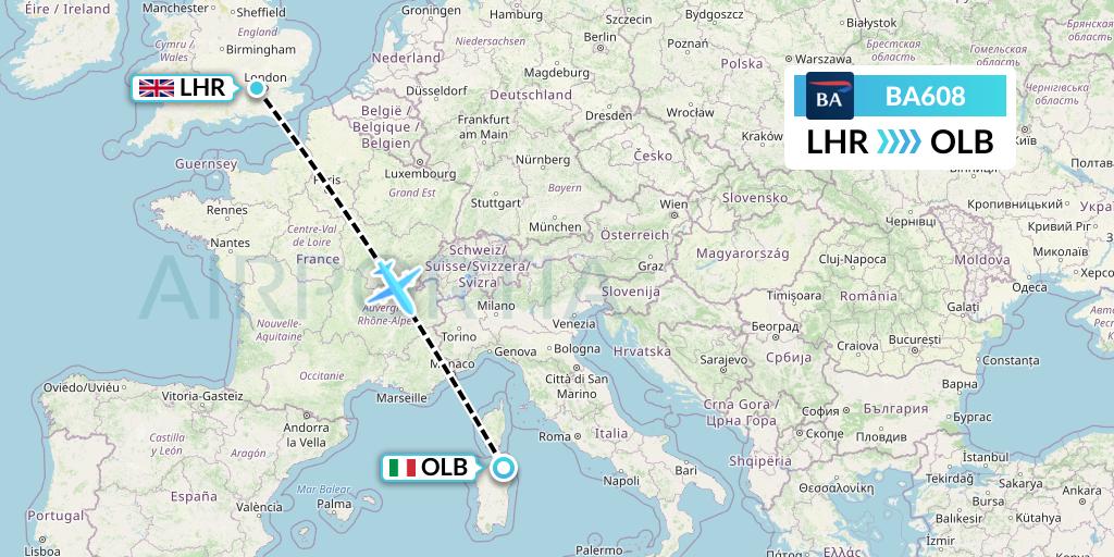 BA608 British Airways Flight Map: London to Olbia