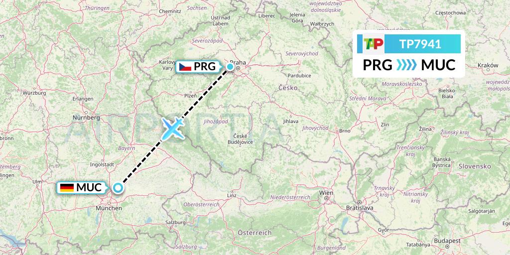 TP7941 TAP Portugal Flight Map: Prague to Munich