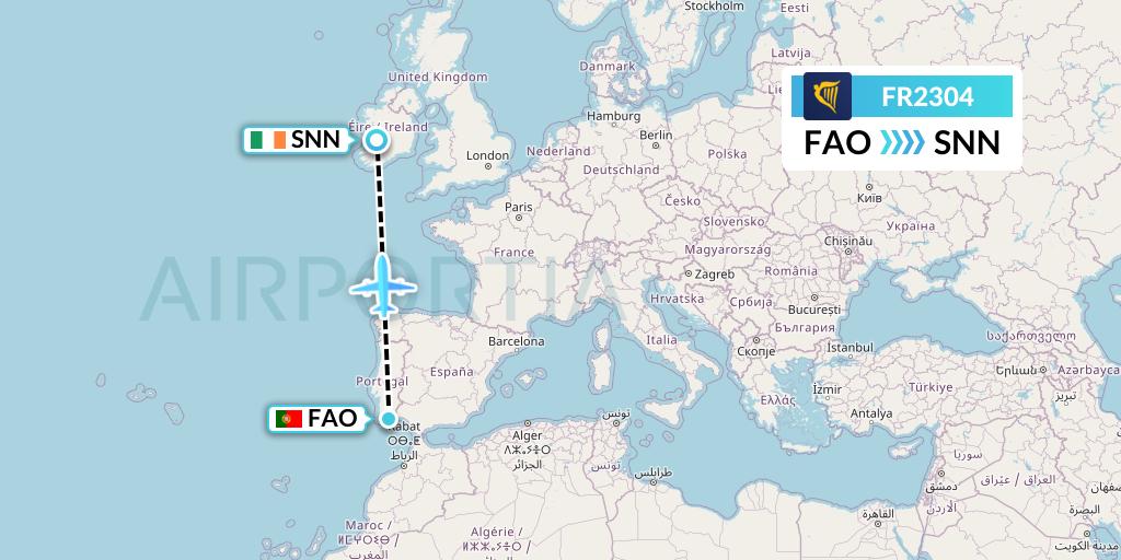 FR2304 Ryanair Flight Map: Faro to Shannon