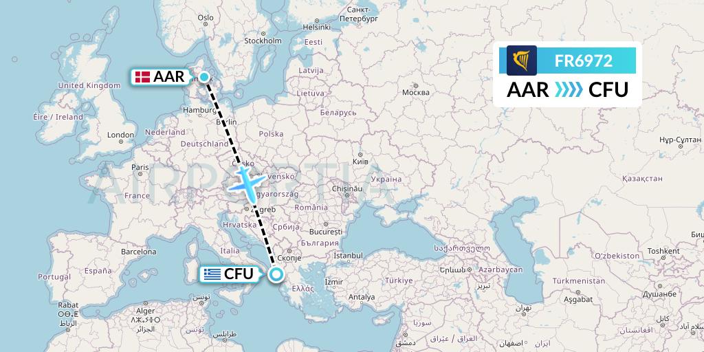 FR6972 Ryanair Flight Map: Aarhus to Corfu