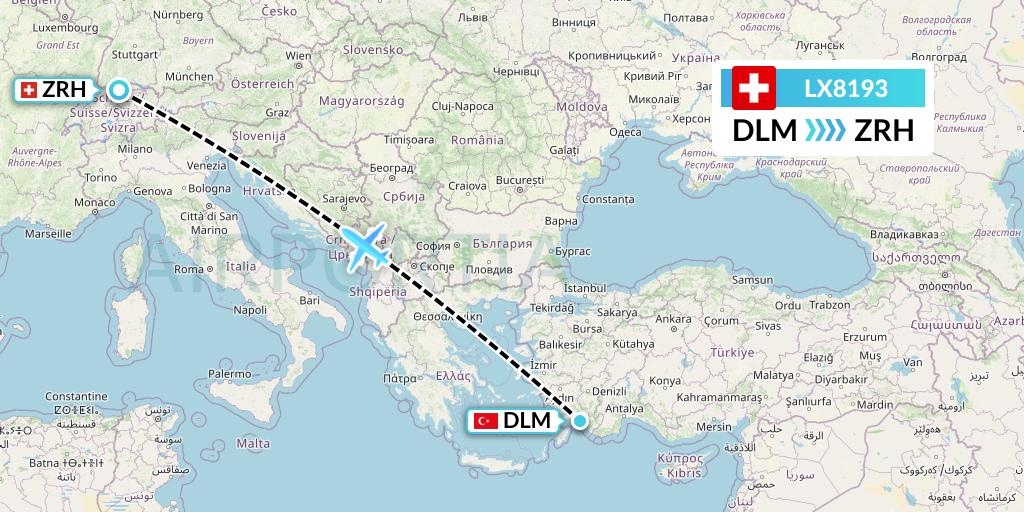 LX8193 Swiss Flight Map: Dalaman to Zurich