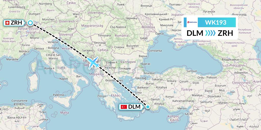 WK193 Edelweiss Air Flight Map: Dalaman to Zurich