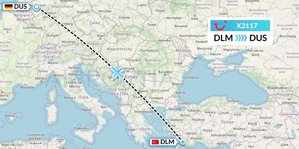 X3117 TUI fly Germany Flight Map: Dalaman to Dusseldorf