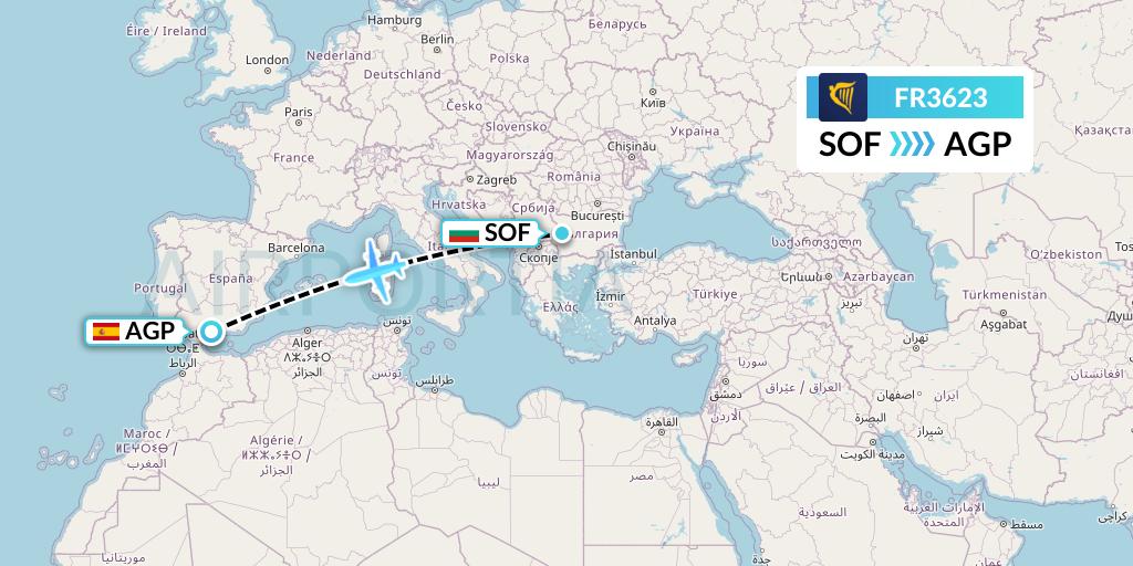 FR3623 Ryanair Flight Map: Sofia to Malaga