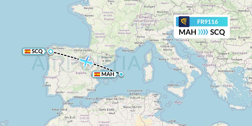 FR9116 Ryanair Flight Map: Mahon to Santiago
