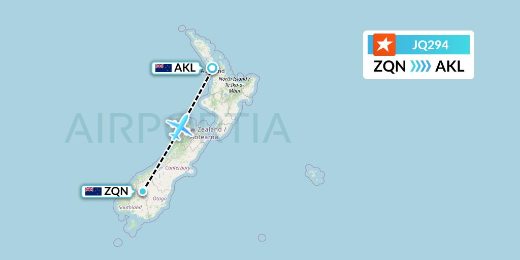 JQ294 Jetstar Airways Flight Map: Queenstown to Auckland