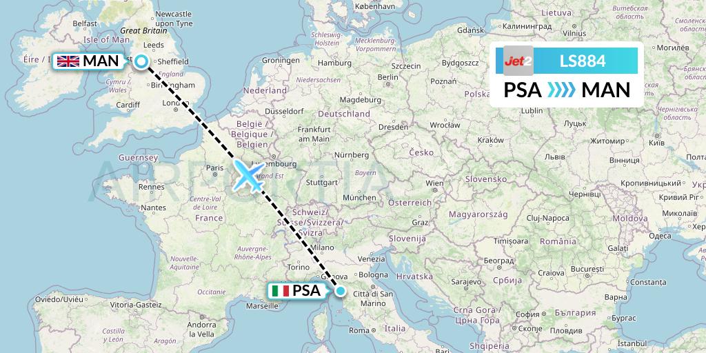 LS884 Jet2 Flight Map: Pisa to Manchester