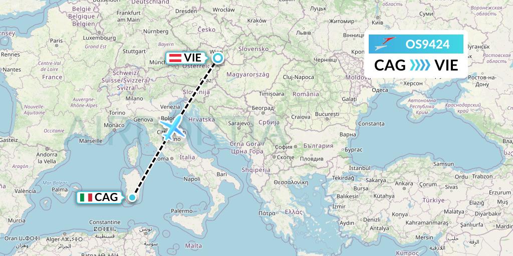 OS9424 Austrian Airlines Flight Map: Cagliari to Vienna